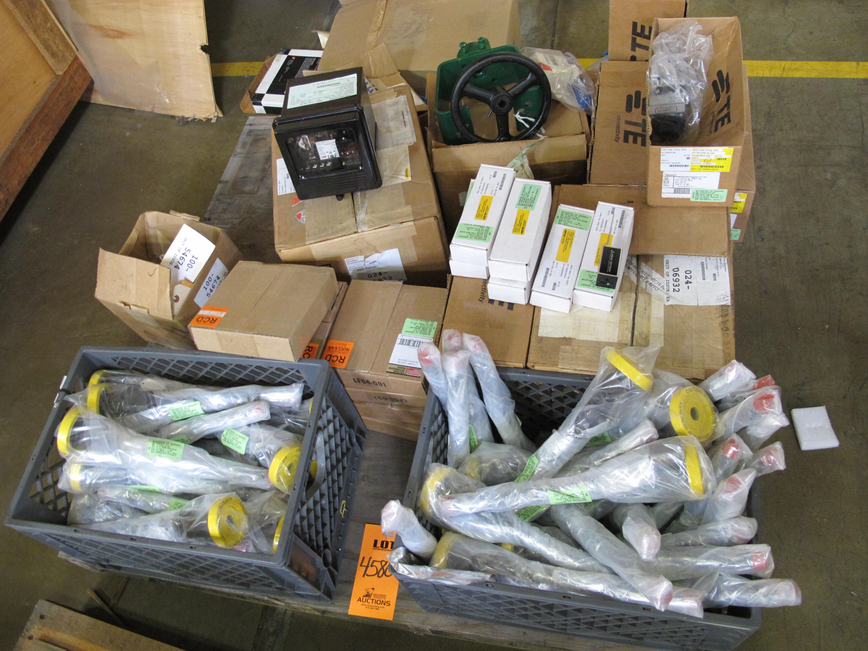 LOT TO INCLUDE AMETEX ROTRON, AGASTAT, ABB: (2) RELAYS, GEN. PROTECTION TYPE, CV-2 KIND, UNDERVOLTAGE OTHER. SPST, INDUCTION DISC, SHORT CURVE, CALIBRATED TO A FIXED ICS RATING OF .2A DC, (6) SWITCHES, FLOW TYPE, SPDT ACTION, 250V 5A ELEC RATING, (11) RELAYS, TIMING TYPE, 120VDC CONTACT RATING, SCREW TERMINALS, 4NO-4NC CONTACT ARRNGMT, SURFACE MOUNTING, DUSTIGHT ENCLOSURE, MODULAR, 5-50 SECOND OPERATE DATA, (2 CRATES) KIENE TEST VALVES. LOADING & HANDLING FEE $15-4580